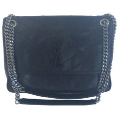 Saint Laurent Black Crinkled and Quilted Leather Medium Niki Bag w/ Chain Strap