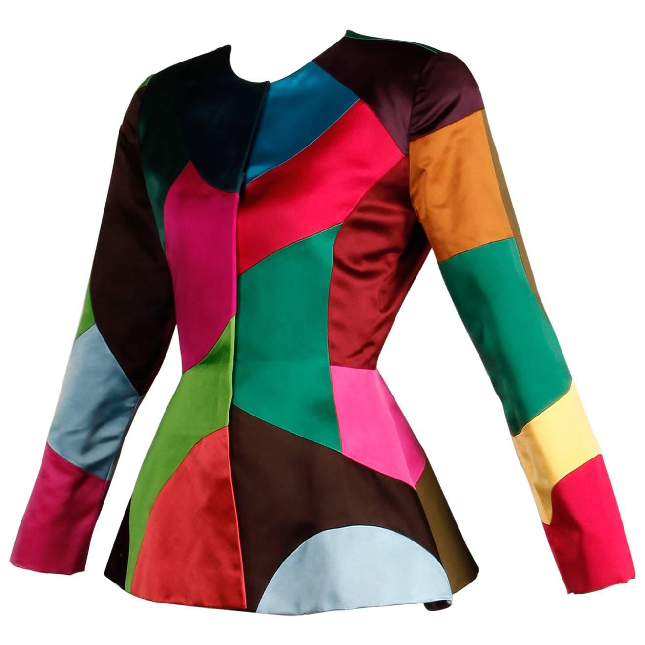 Oscar de la Renta Vintage Rainbow Color Block Silk Evening Jacket, 1980s 