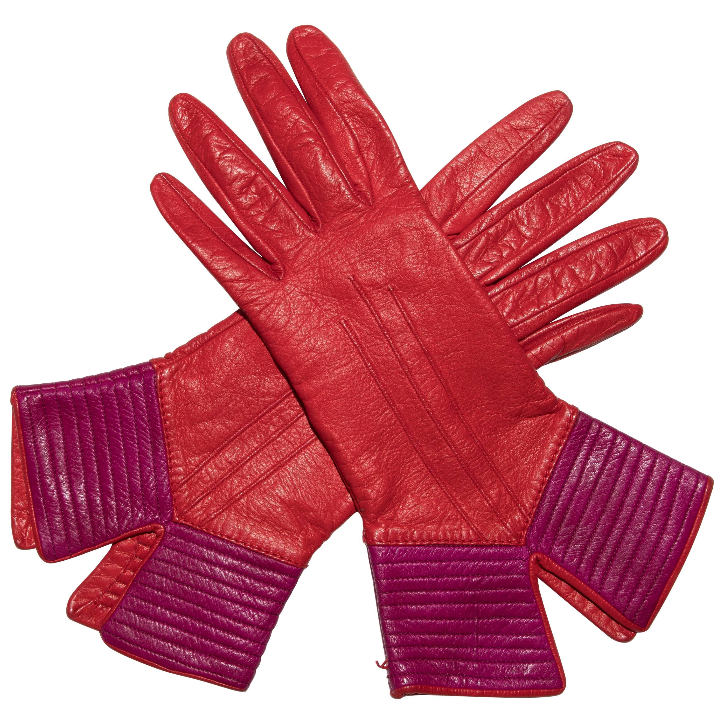 Yves Saint Laurent Color-Block Leather Gloves Silk Lining, Circa 1970s For Sale