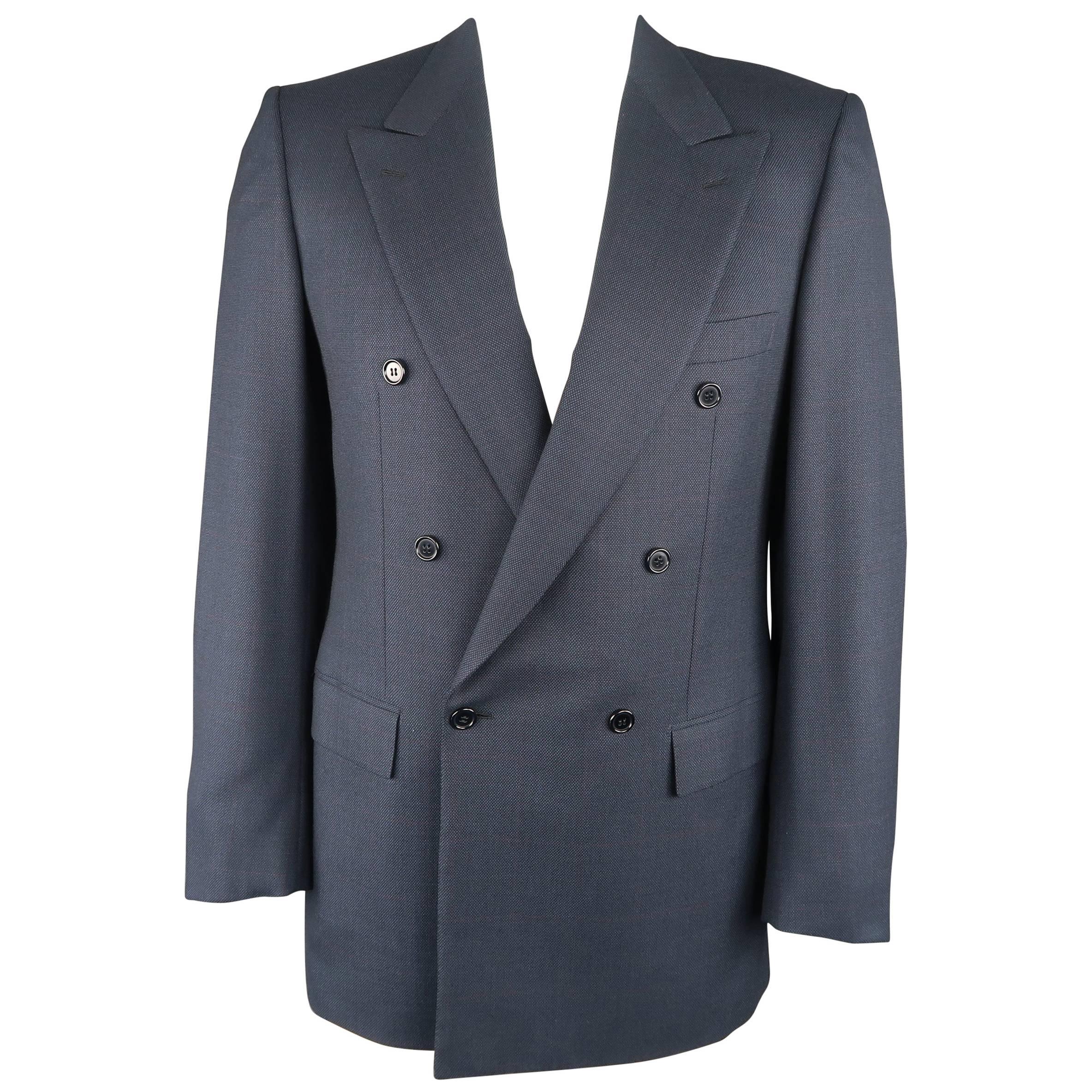 BRIONI 40 Long Navy Windowpane Wool Double Breasted Sport Coat Jacket