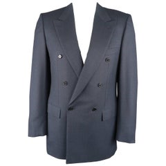 BRIONI 40 Long Navy Windowpane Wool Double Breasted Sport Coat Jacket