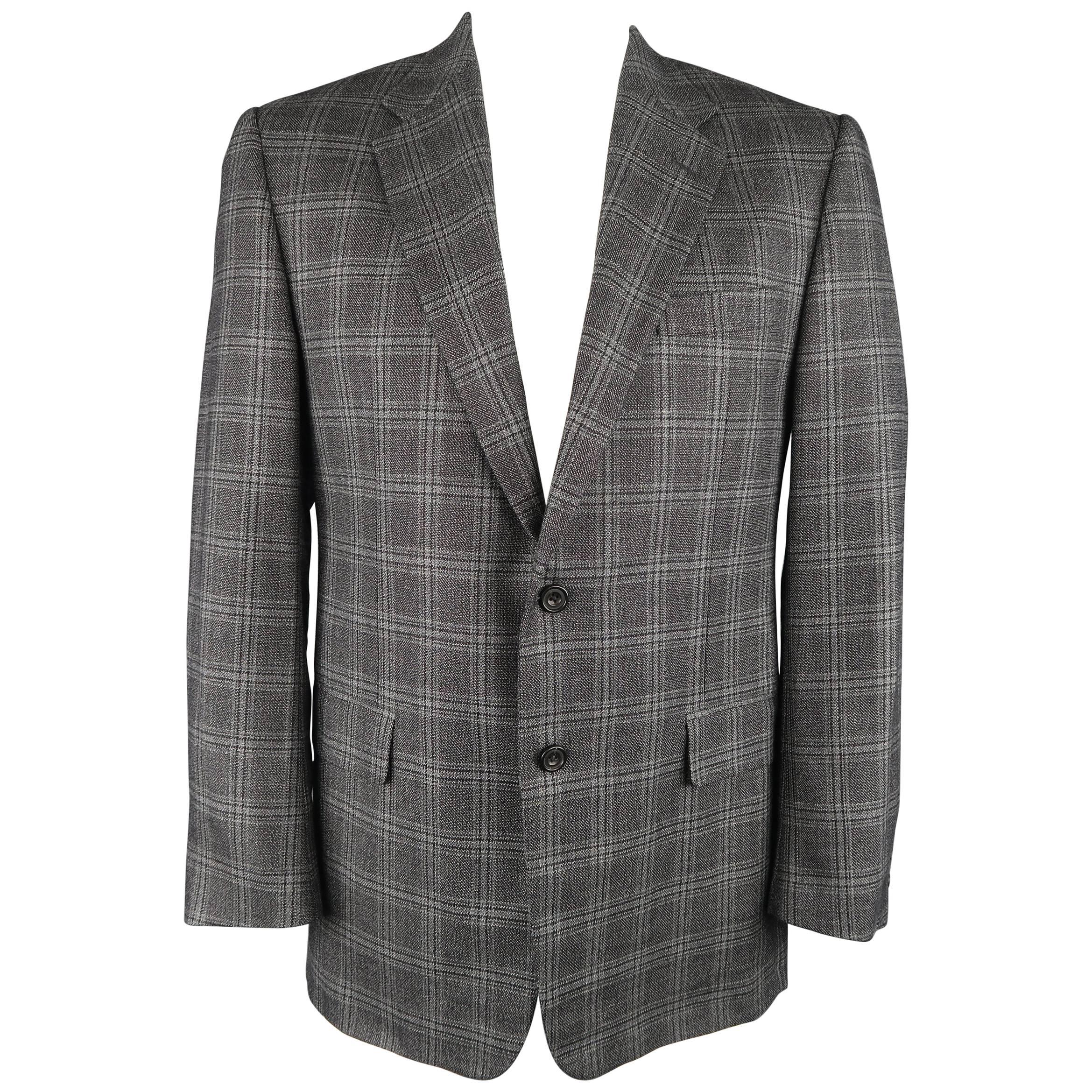 HICKEY FREEMAN 42 Regular Dark Gray Plaid Silk / Wool Notch Lapel Sport Coat 