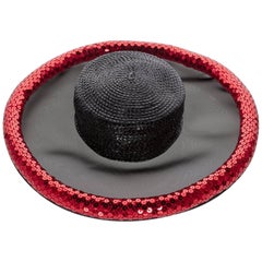Vintage Yves Saint Laurent Couture Black Illusion Red Sequins Hat YSL, 1989 