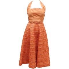 Vintage 1950's Adele Simpson Shantung Silk Halter Dress With Raffia Skirt