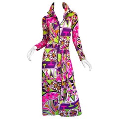 Amazing 1970s Saks 5th Avenue Eduardo Pucci Print Vintage 70s Belted Maxi Dress