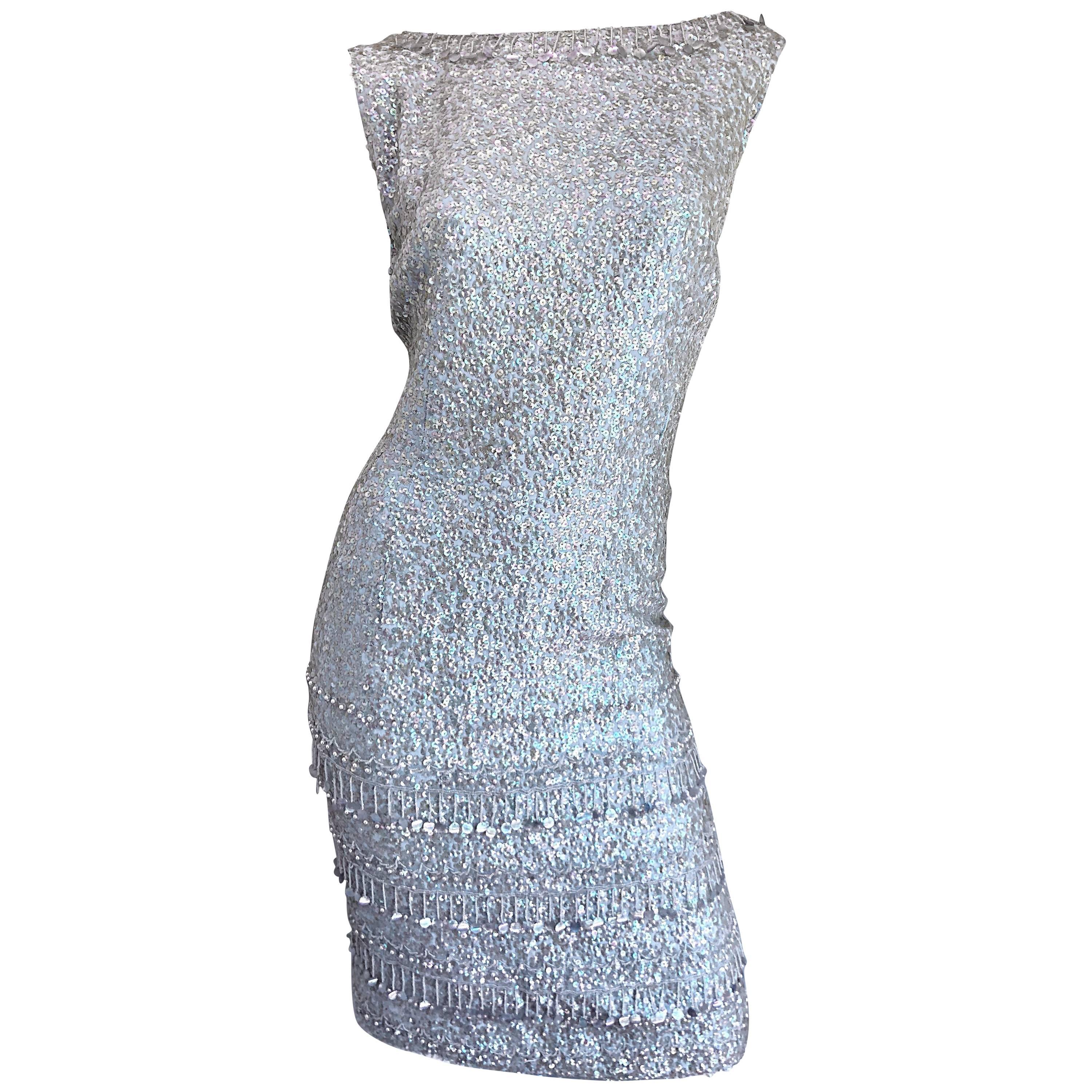 1950s Gene Shelly's Light Blue Silk Fully Sequined + Beaded Vintage 50s Dress