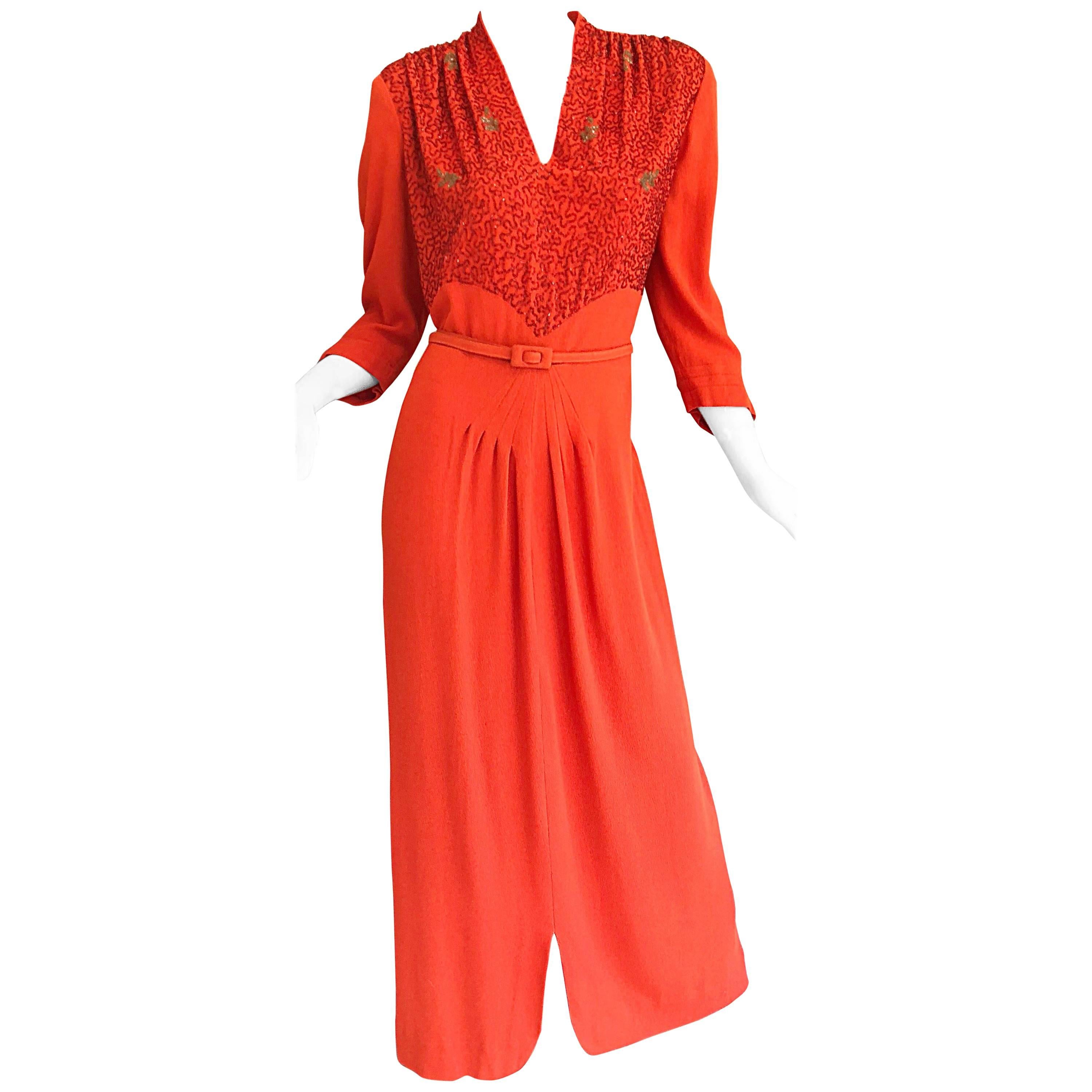 1940s Kornhauser Original Burnt Orange Beaded Vintage 40s Couture Crepe Gown
