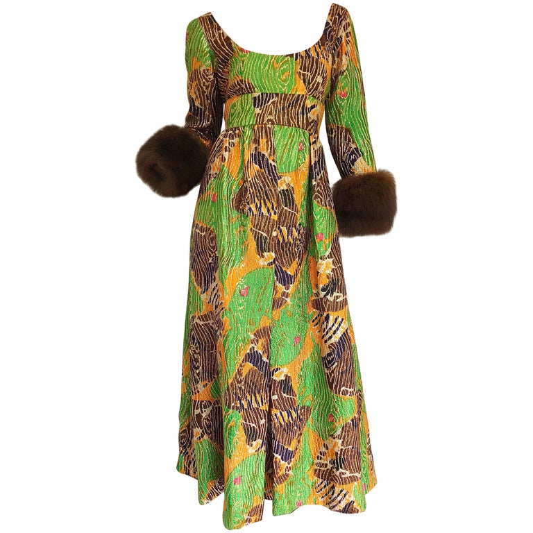 Lillie Rubin 1970s Green + Purple + Orange Silk Metallic Mink Fur Cuffs 70s Gown Lillie Rubin 1970s Green + Purple + Orange Silk Metallic Mink Fur Cuffs 70s Gown