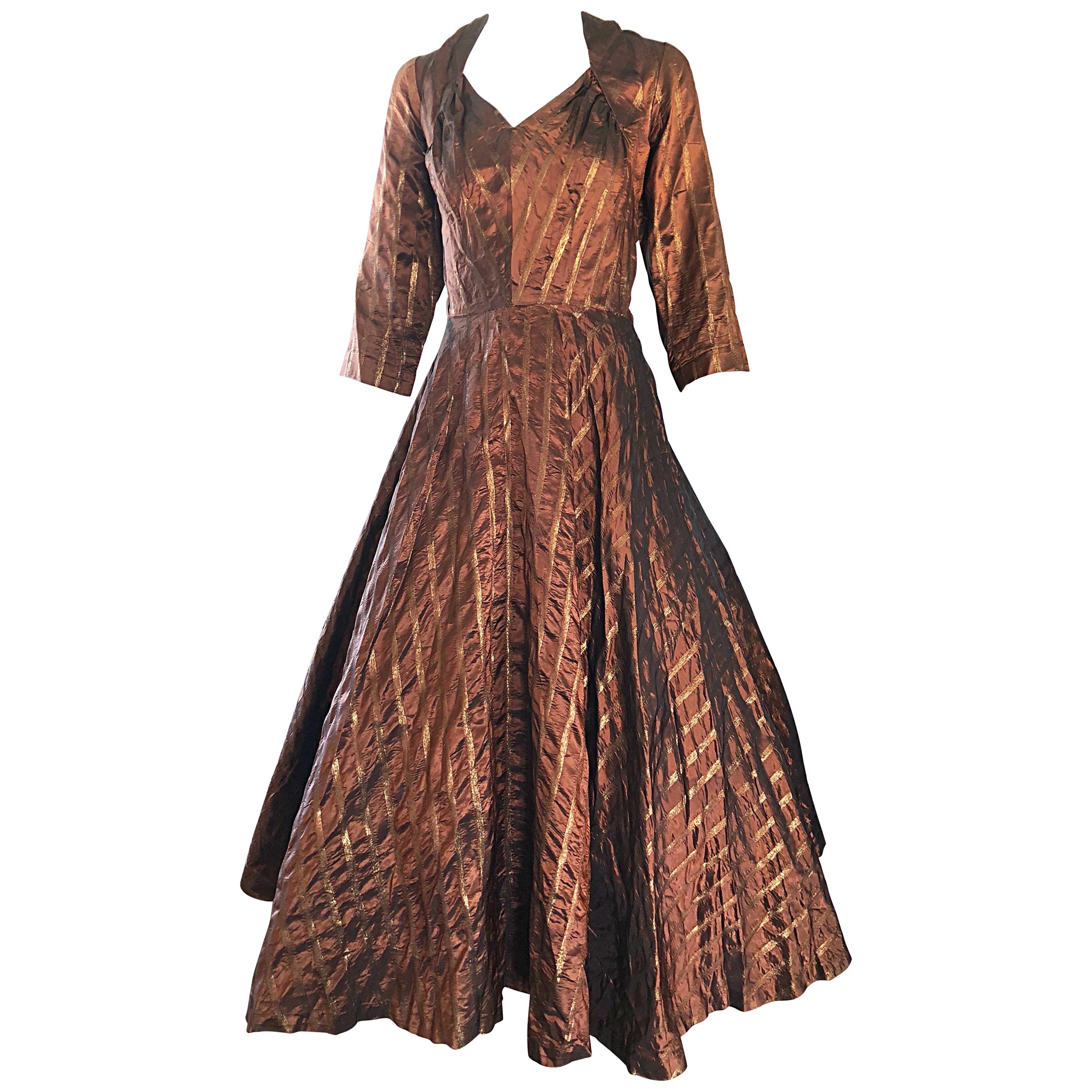 Gorgeous 1950s Donald Originals Copper / Bronze Size 10 / 12 Silk Vintage Dress
