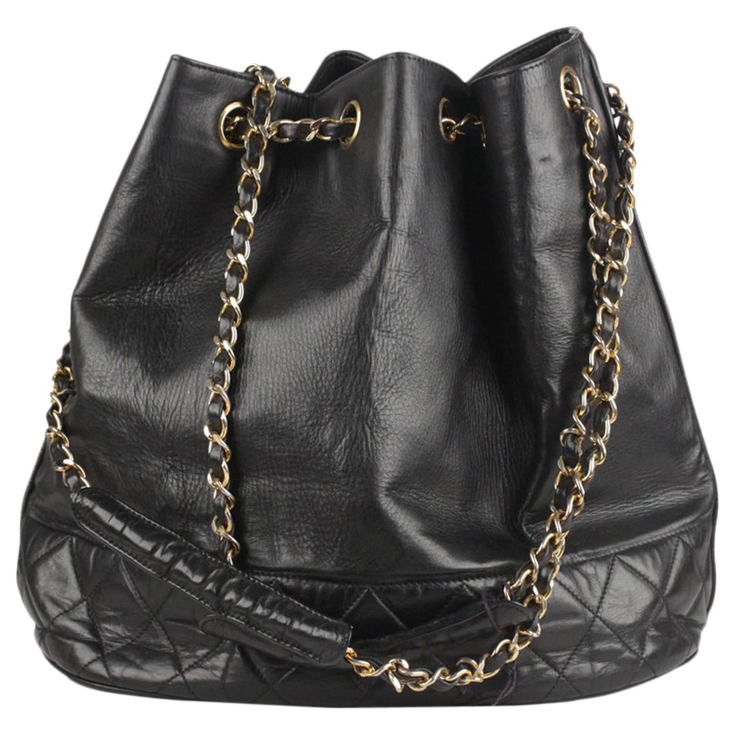 Chanel Vintage Black Leather Bucket Shoulder Bag with Bottom Quilting For  Sale at 1stDibs