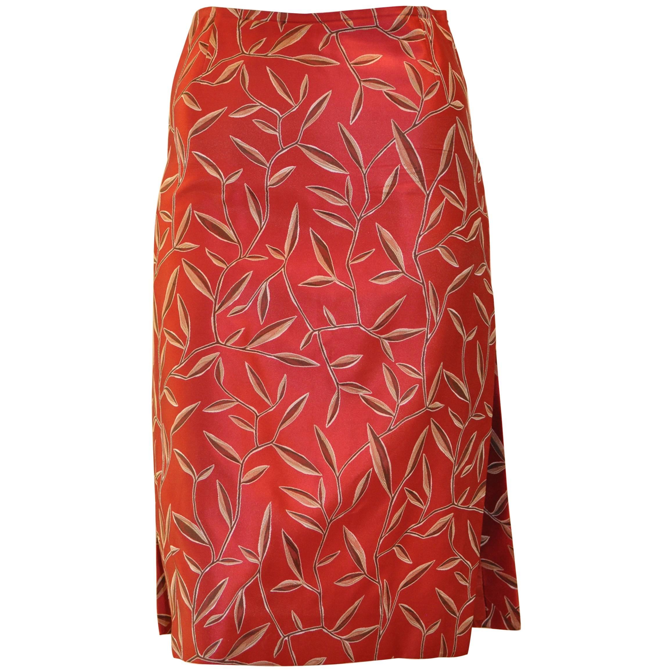 Prada Red Silk Skirt With a Leaf Pattern 38 (ITL)