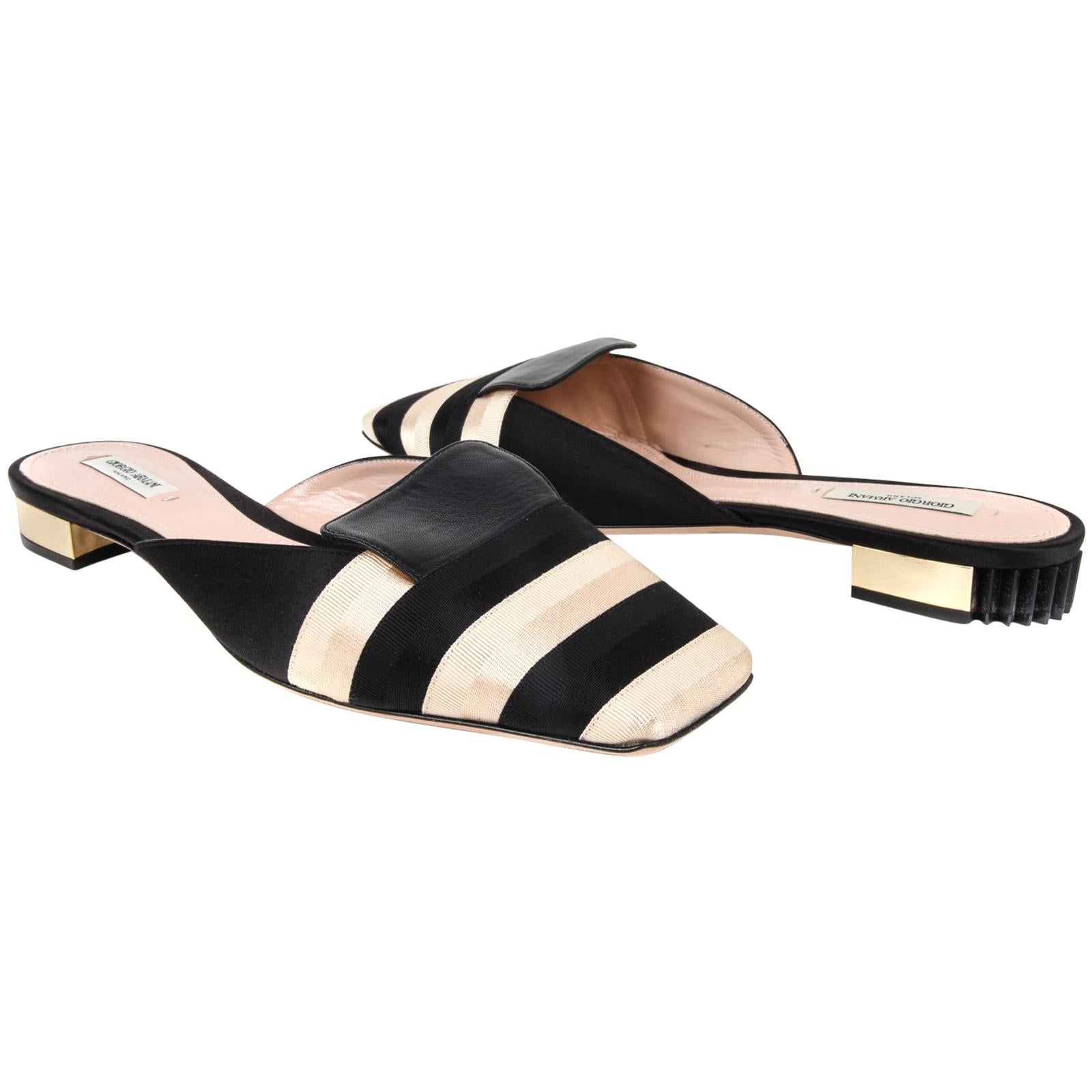 Giorgio Armani Shoe Black Gold Striped Slide Beautiful Heel 40 / 10 New