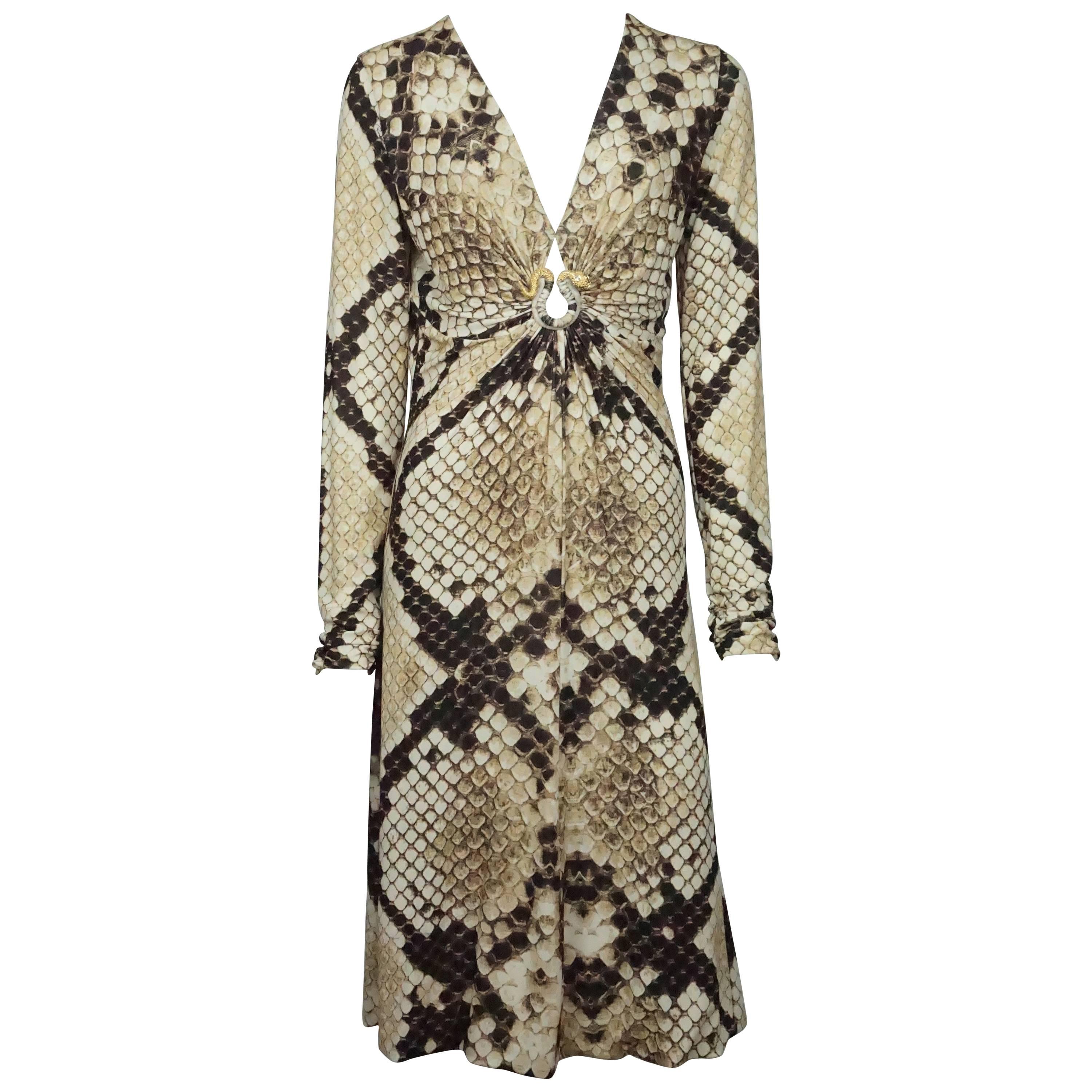 Roberto Cavalli Earthtone Snake Print Jersey Long Sleeve Dress For Sale ...