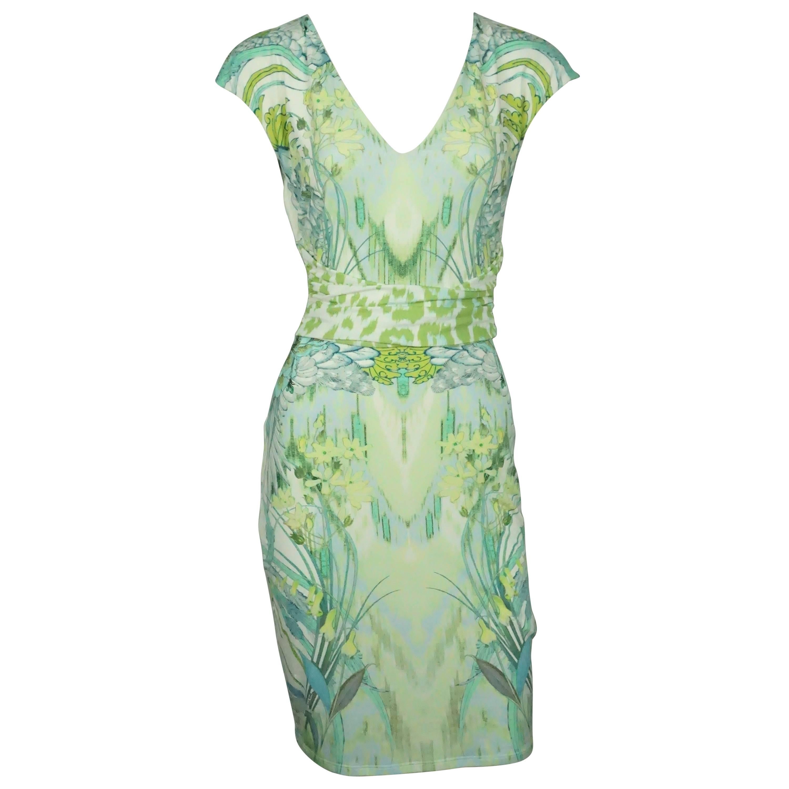 Roberto Cavalli White and Green Print Jersey Short Sleeve Dress  For Sale