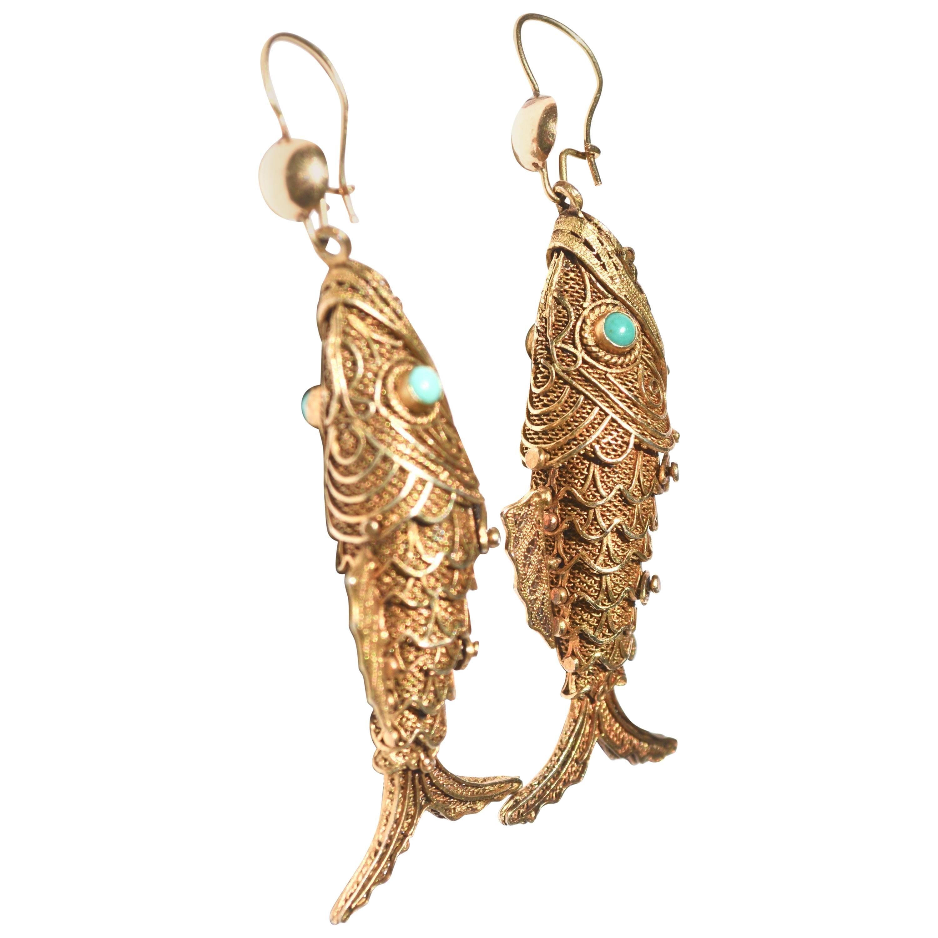 Vermeil, Turquoise, and 14k Fish earrings