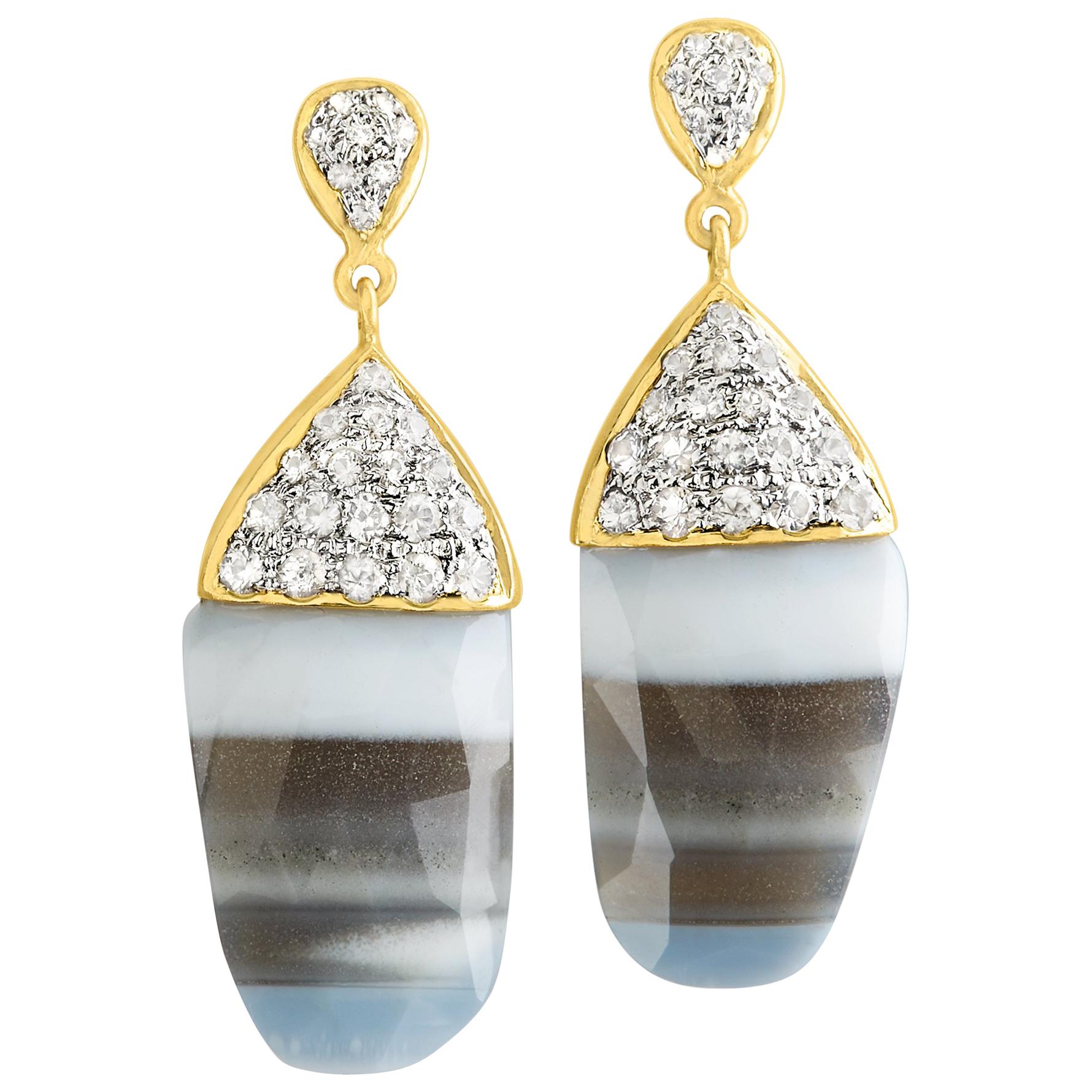 One of a Kind Striped African Opal White Sapphire Gold Earrings