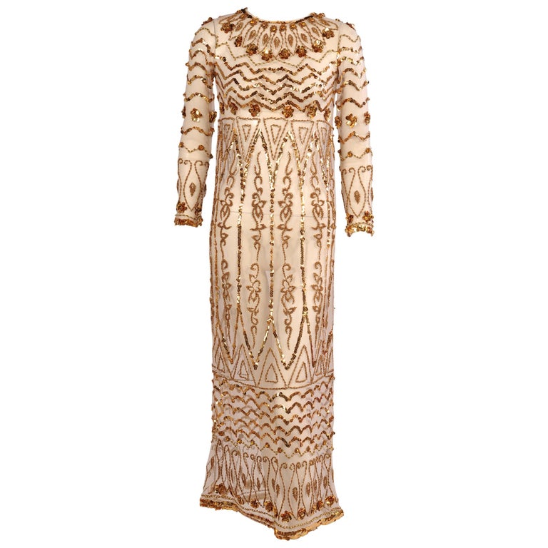 Gold Beaded White Net Dress at 1stDibs | beaded net dress