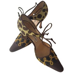 Vintage Manolo Blahnik Stiletto Heeled Shoes Leopard Print Suede Embroidery Size 35 1/2