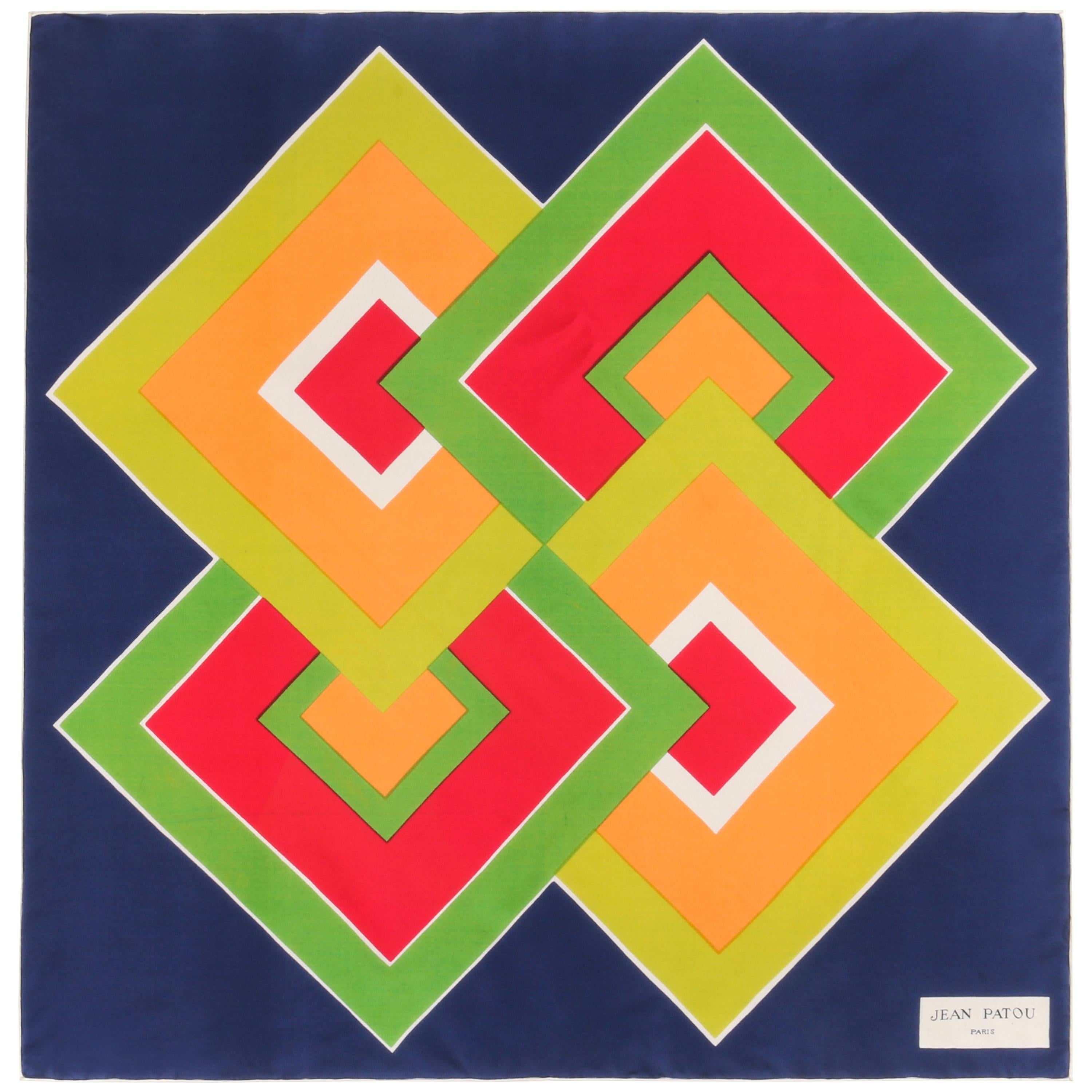 JEAN PATOU c.1960's Navy Blue Geometric Op Art Print Silk Scarf