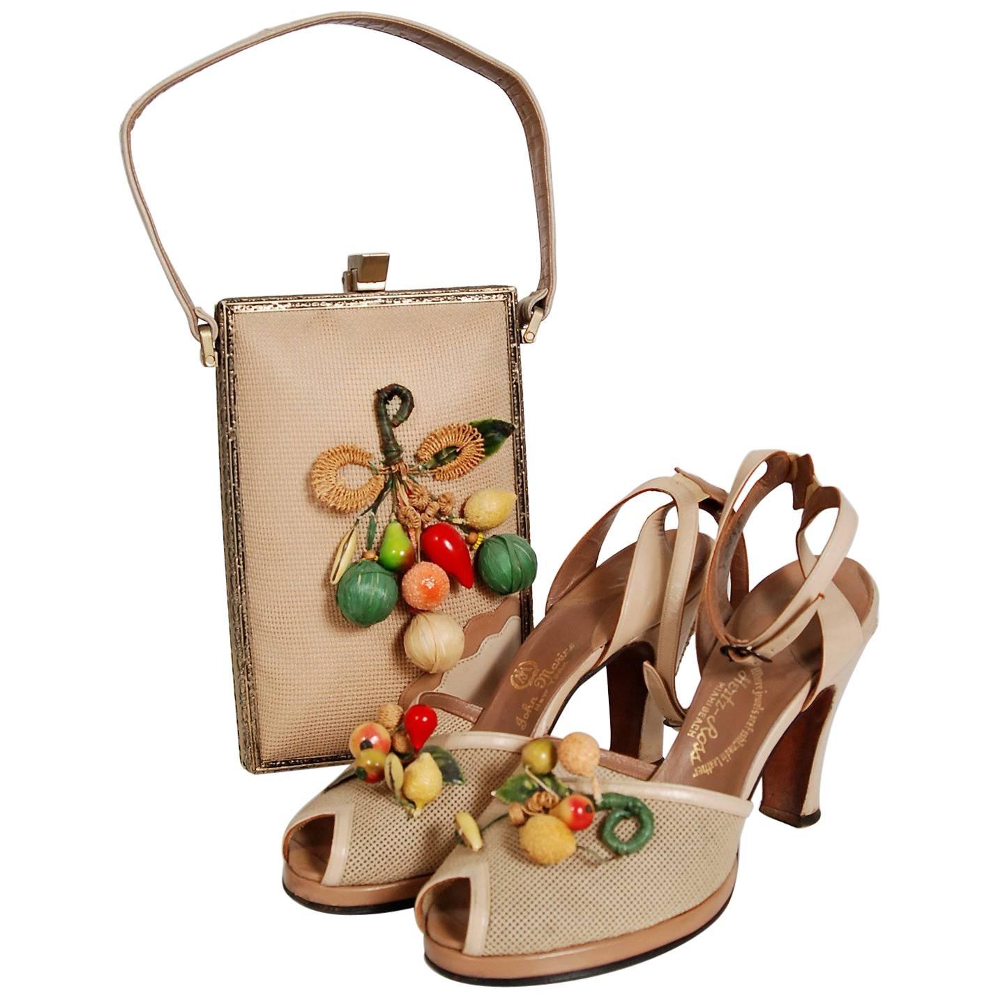 1940's Colorful Fruit Applique Novelty Leather Peep-Toe Heels & Matching Purse