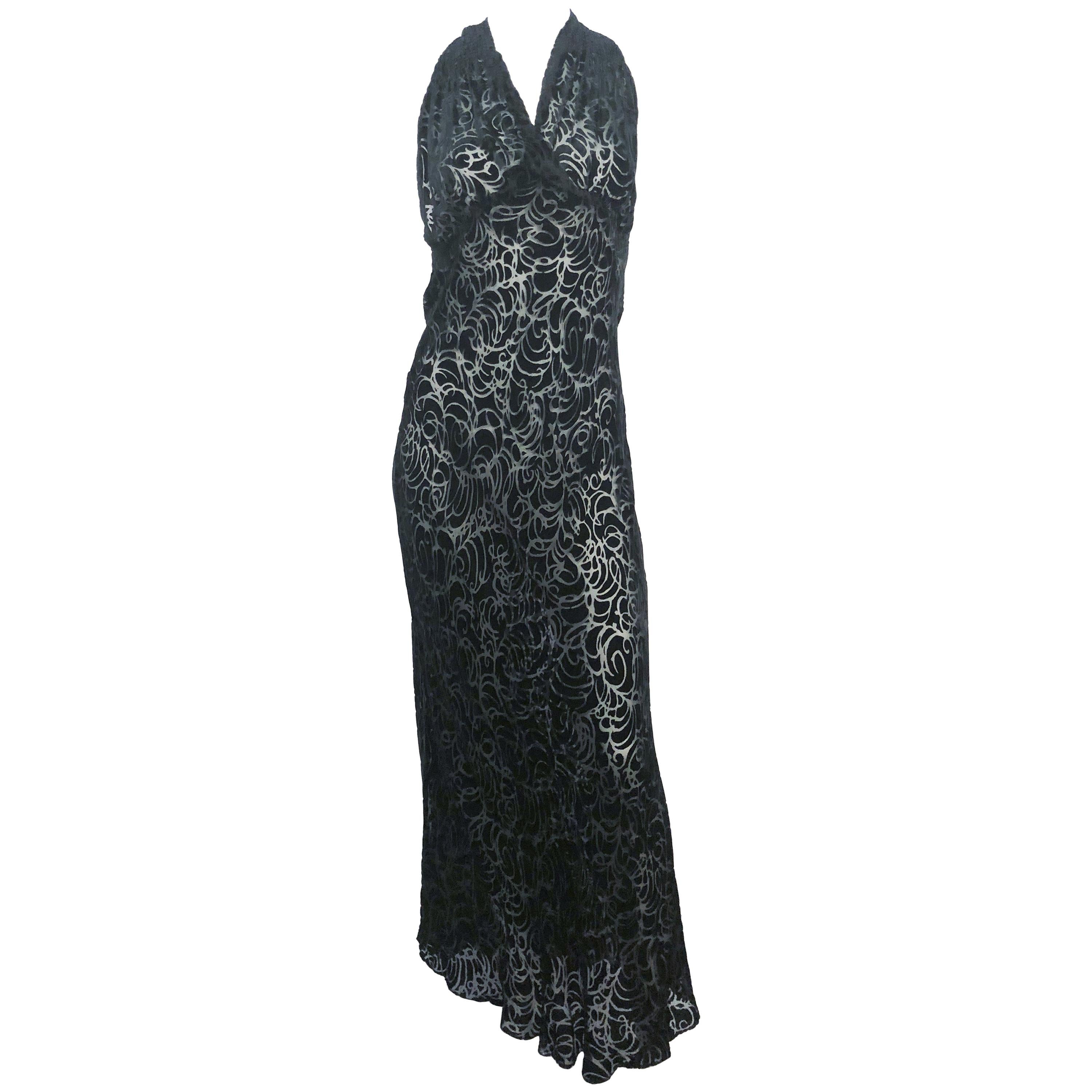 1930's Black Burnt Velvet Bias-cut Evening Gown