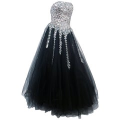 Mike Benet Black Tulle Gown with Silver Sequin Bodice, 1980s 