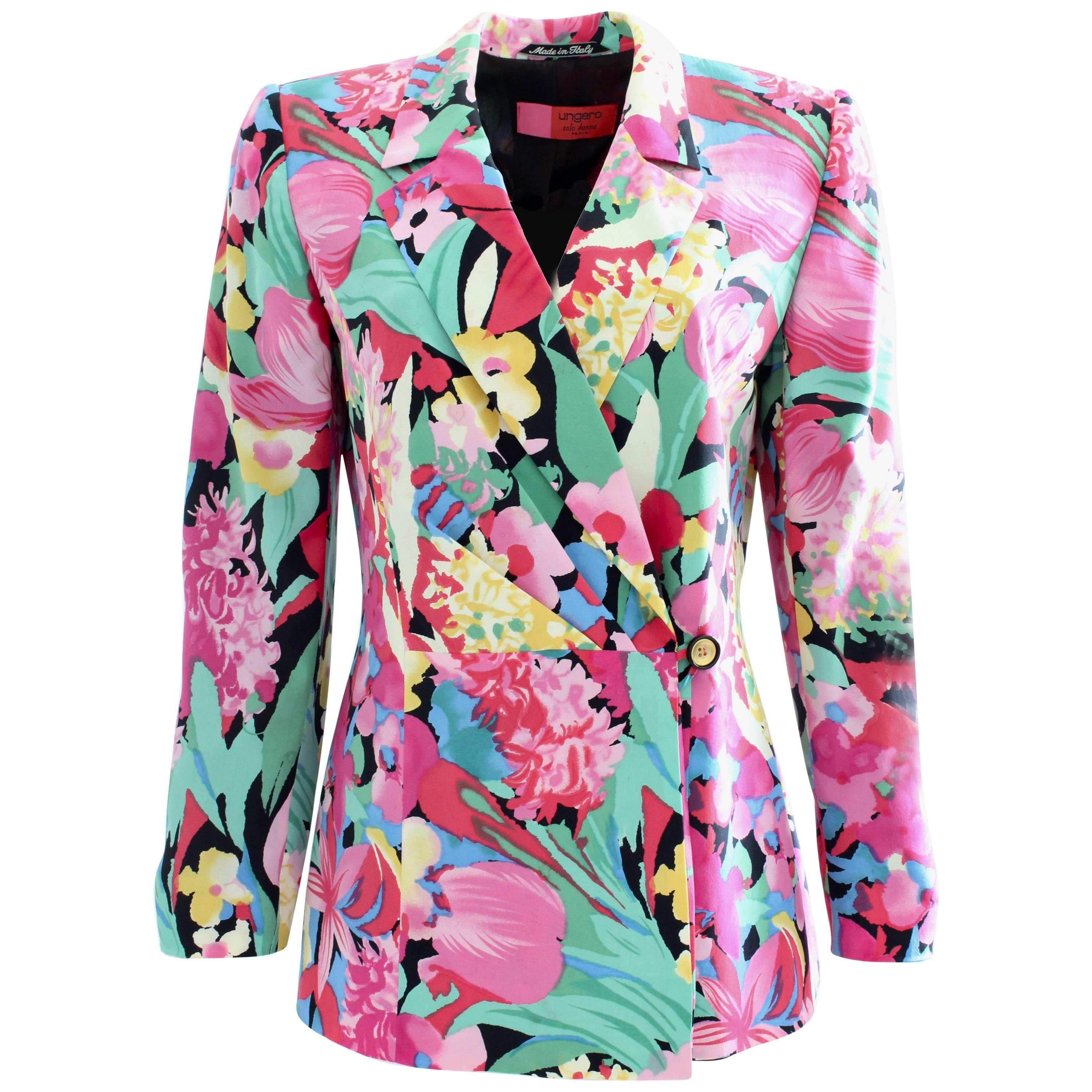 Ungaro Silk Jacket Floral Print Blazer Bold Abstract Multicolor Size M 1990s 