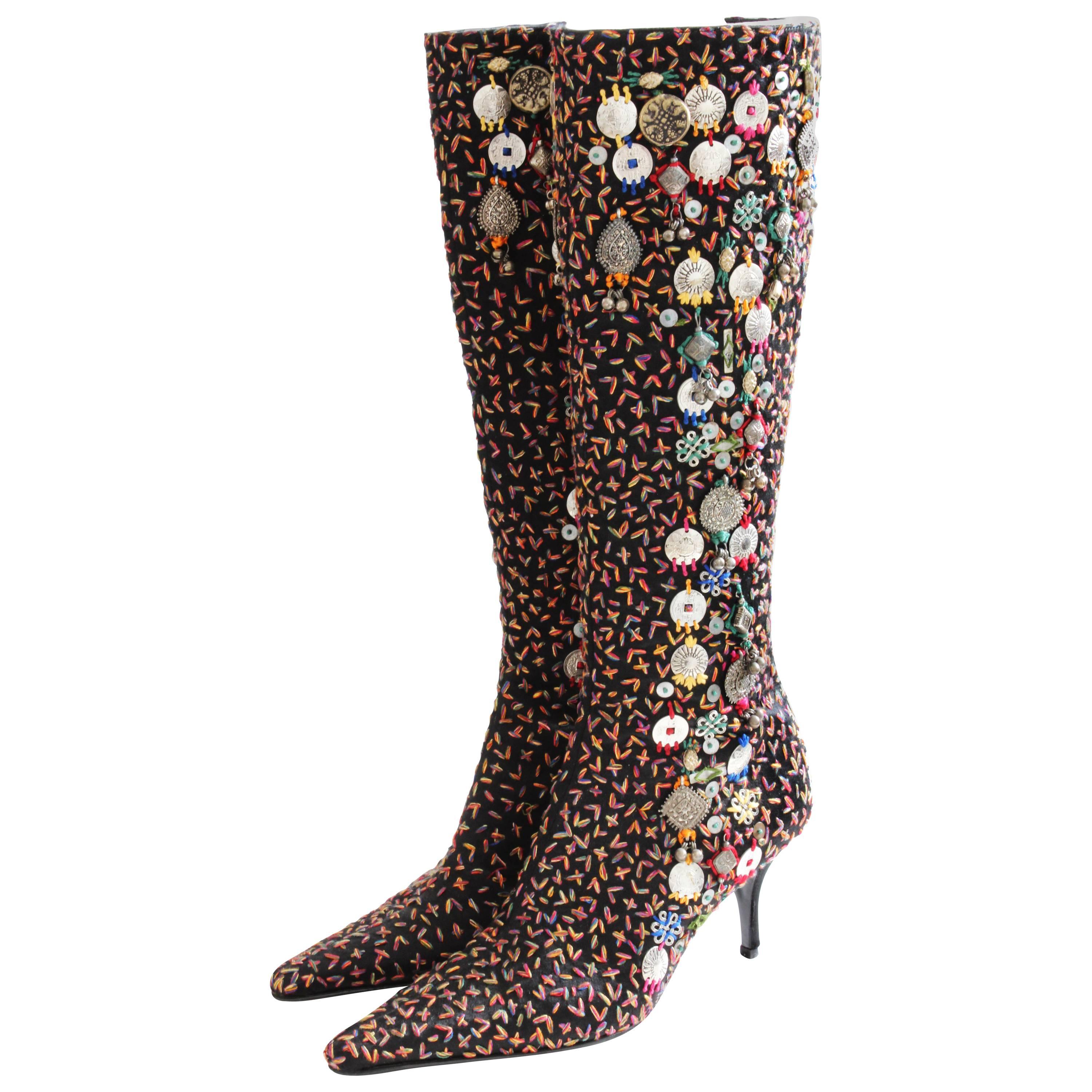 Oscar de la Renta Embellished Knee High Boots Black with Embroidery Italy