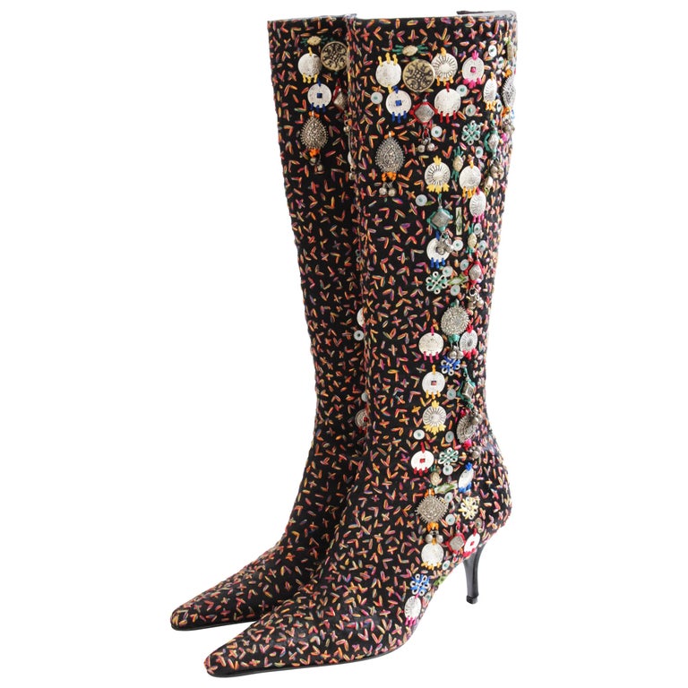 Oscar de la Renta Embellished Knee High Boots Black with Embroidery ...