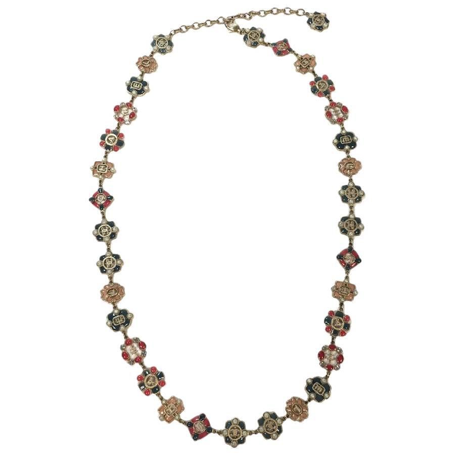 CHANEL Long Necklace in Gilt Metal, Multicolored Molten Glass, Rhinestones