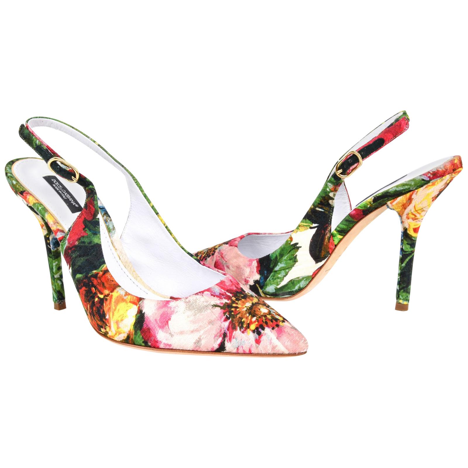 Dolce&Gabbana Shoe Exotic Flower Print on Brocade Textile Slingback 39.5 / 9.5