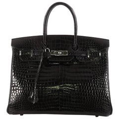 Hermes Birkin Handbag Black Shiny Porosus Crocodile with Palladium Hardware 35