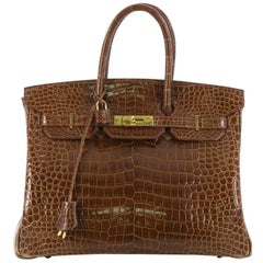 Hermes Birkin Handbag Miel Shiny Porosus Crocodile with Gold Hardware 35 