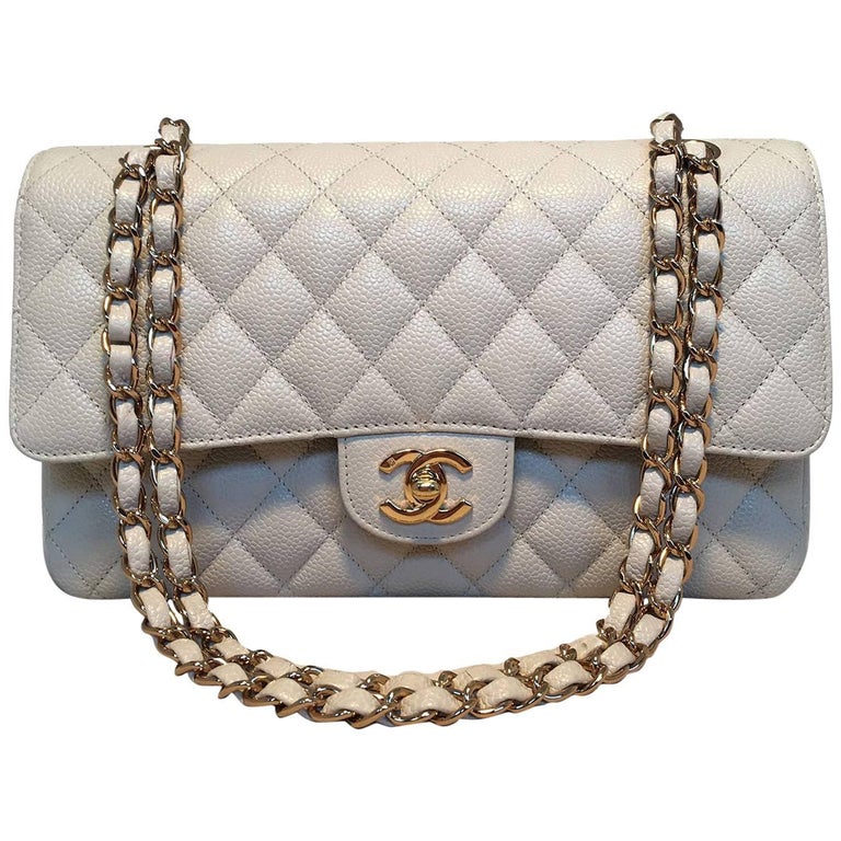 Chanel Classic Small Double Flap, White Caviar Leather with Light Gold  Hardware, Preowned in Box GA001