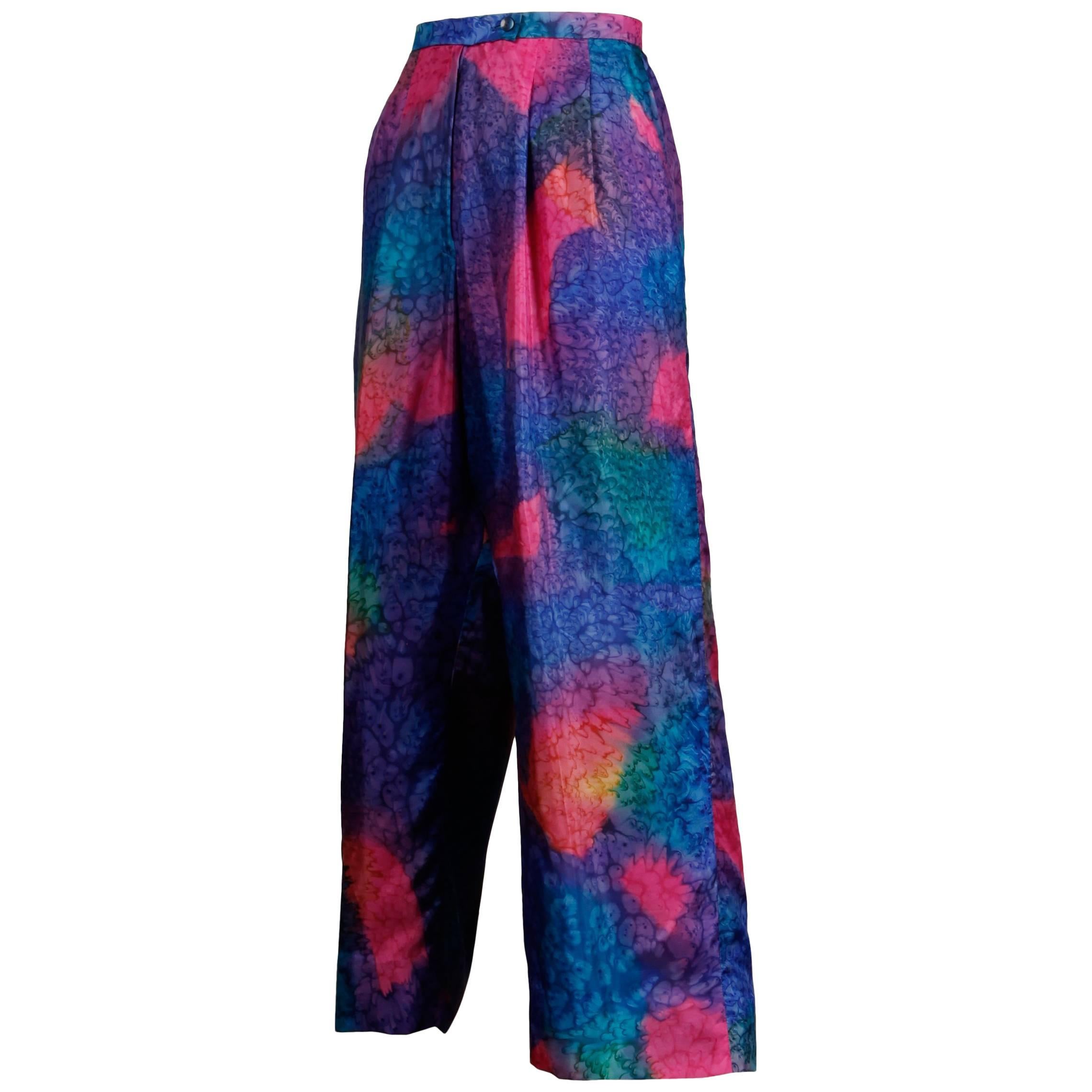 1980s Vintage Hand Dip Dyed Day-Glow Neon Rainbow Cropped Silk Trousers or Pants
