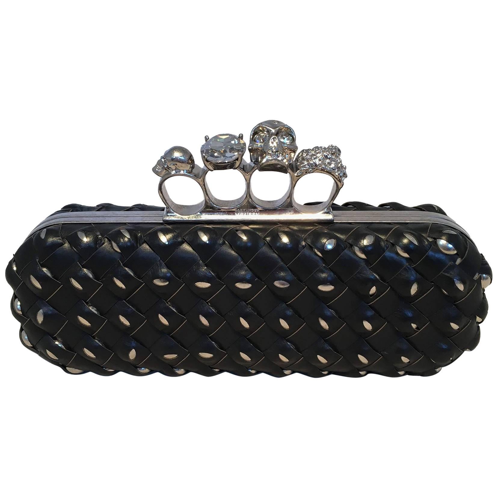 Alexander McQueen Woven Leather Studded Embellished Knuckle Clutch