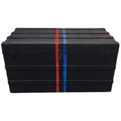 LOUIS VUITTON Antique Black Steamer Trunk with Red and Blue Stripe