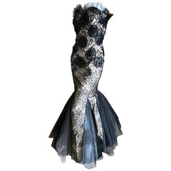 Roland Nivelais Strapless Vintage Floral Embellished Black Silk Mermaid Dress