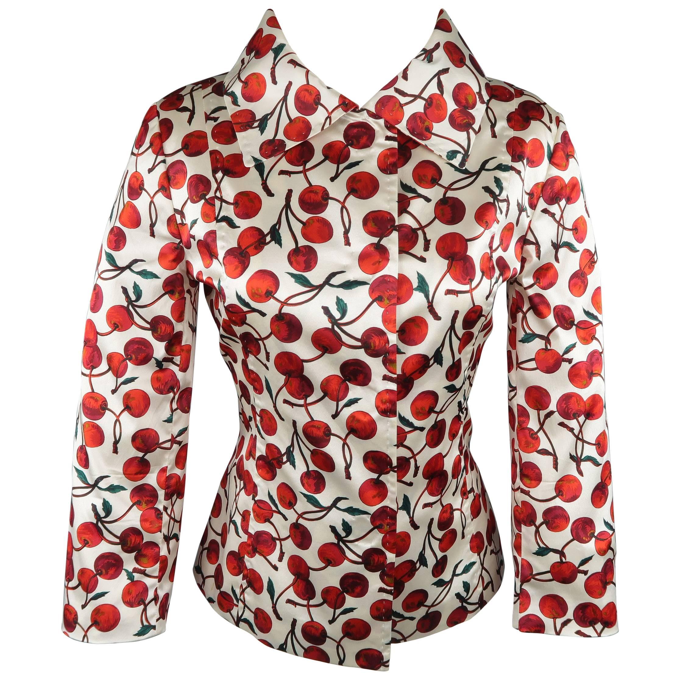 DOLCE & GABBANA Size 10 White & Red Silk Blend Cherry Print Jacket