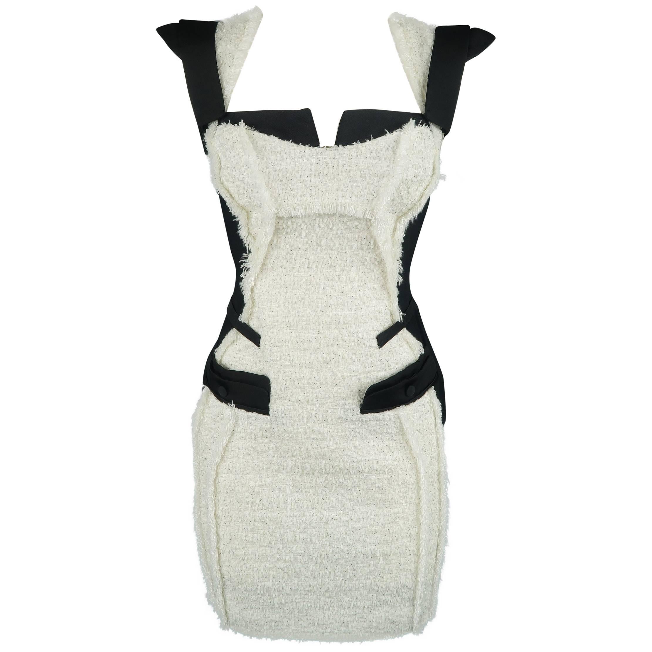 ANTONIO BERARDI Size 6 Black & White Tweed Panel Color Block Dress