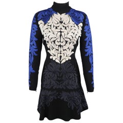 Stella Mccartney Black White and Blue Embroidered Long Sleeve Cocktail Dress