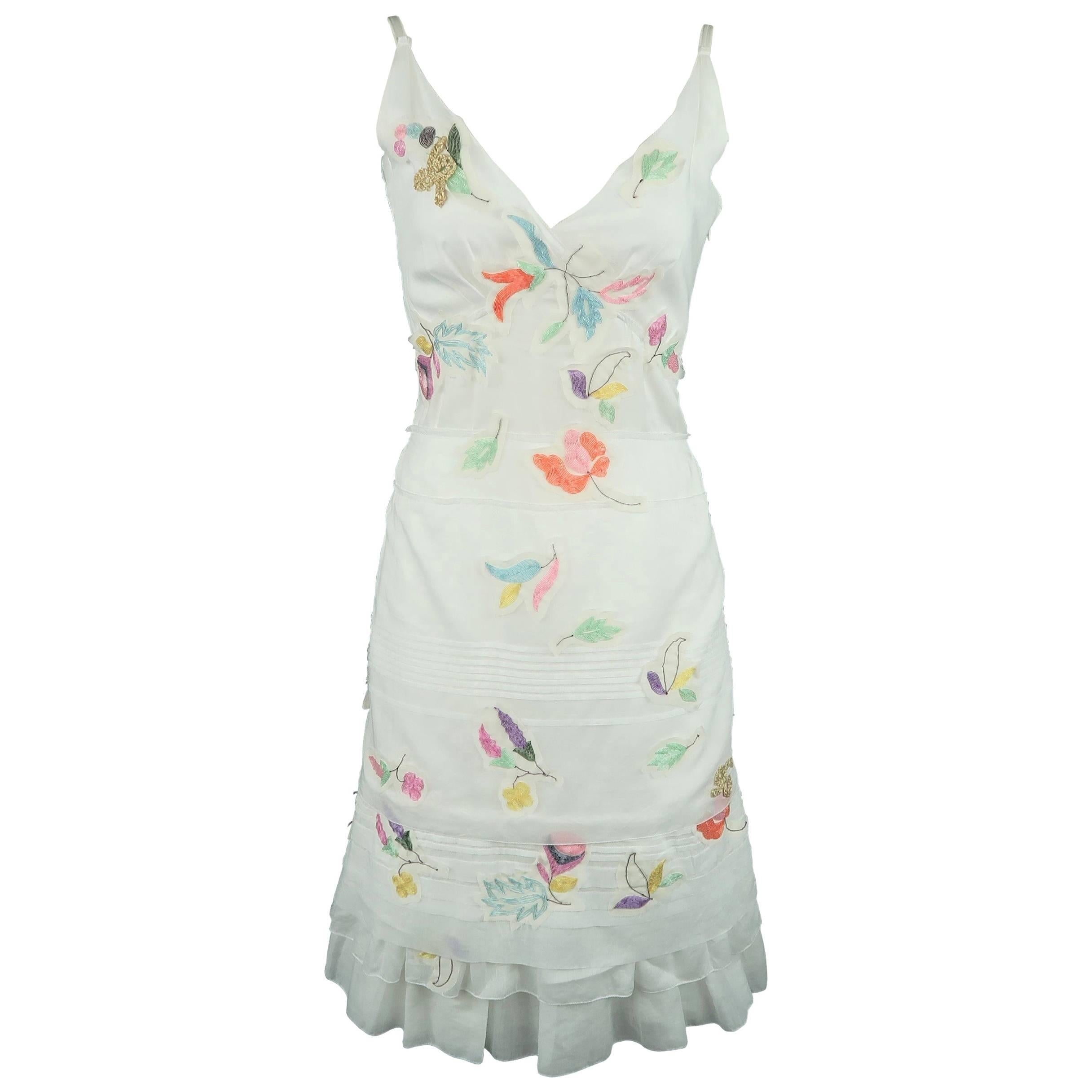 PRADA Size 6 White Beaded Floral Cotton Sun Dress