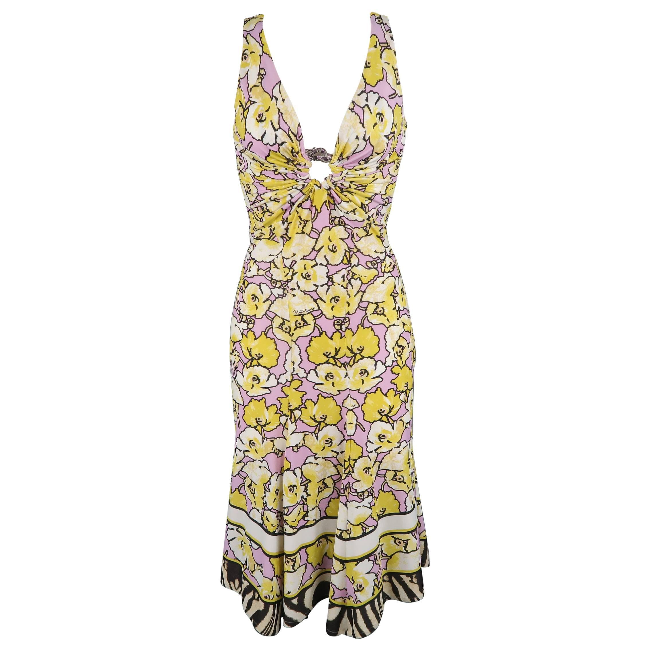 ROBERTO CAVALLI Yellow & Purple Floral Print Snake Hoop Dress