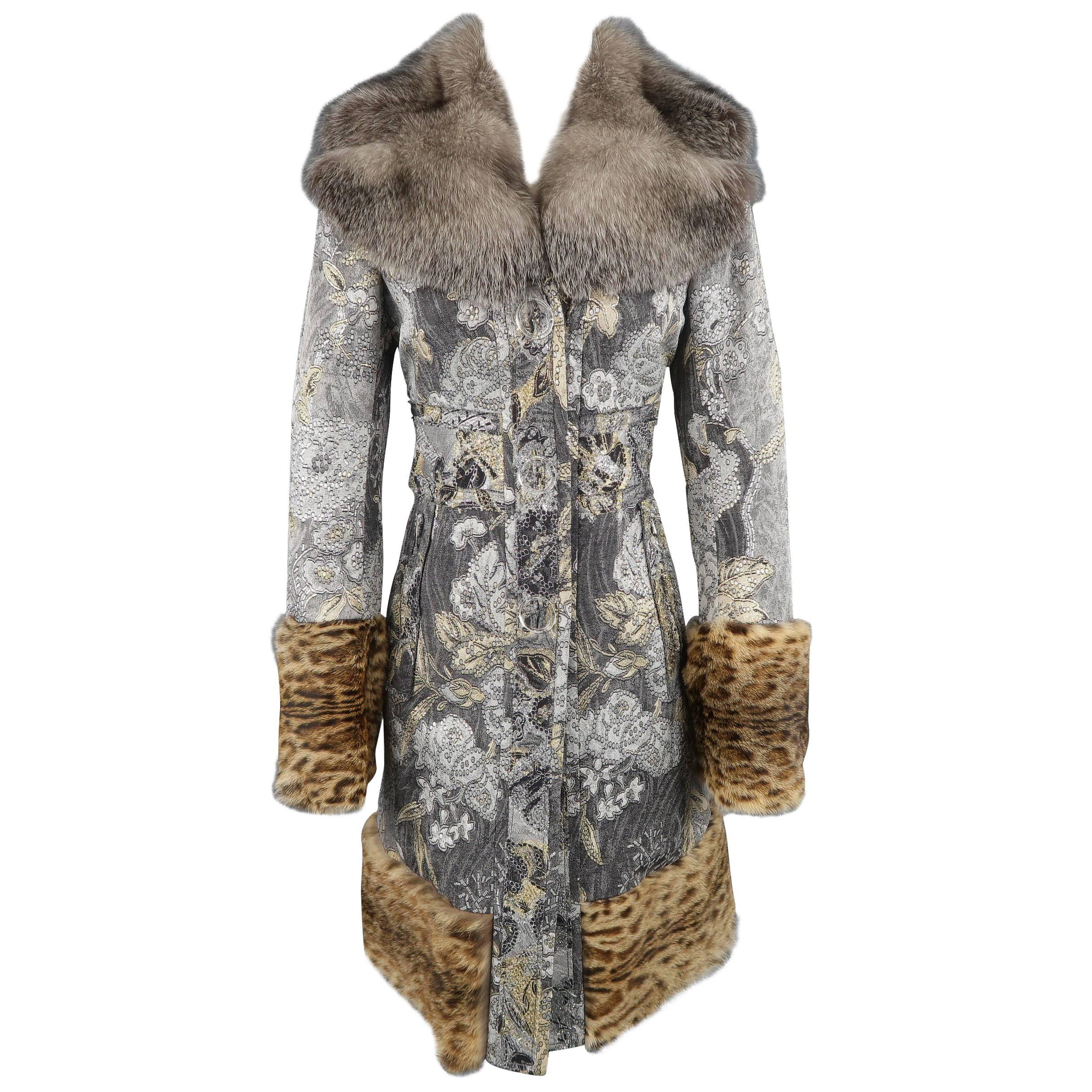 TULEH Size 8 Grey Jacquard Fur Collar Cheetah Trim Lippi Coat