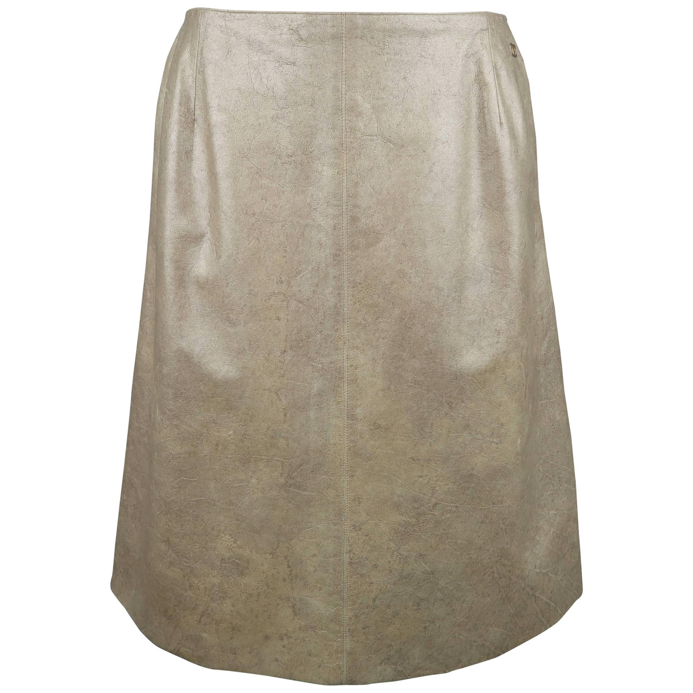 Chanel Skirt - Vintage, Metallic Gold, Marbled, Leather, A Line, CC