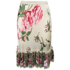 VALENTINO Size 8 Beige & Pink Floral Print Silk Sequin Ruffle Pencil Skirt