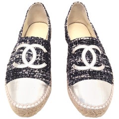 Chanel Navy & Grey Tweed With Silver Cap Toe Espadrilles