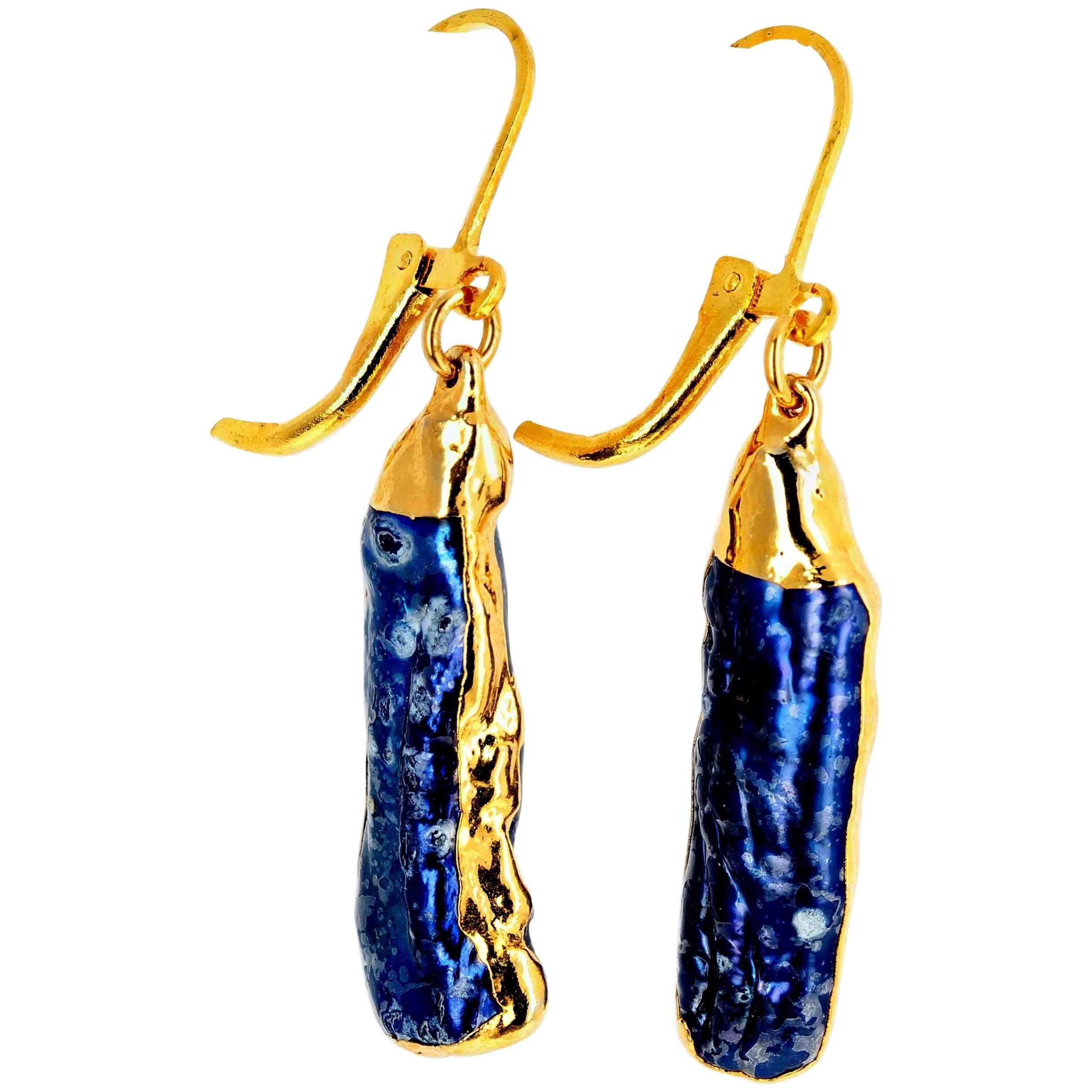 AJD Unique Dangle Beautiful Intensely Blue Abalone Gold Plated Dangle Earrings