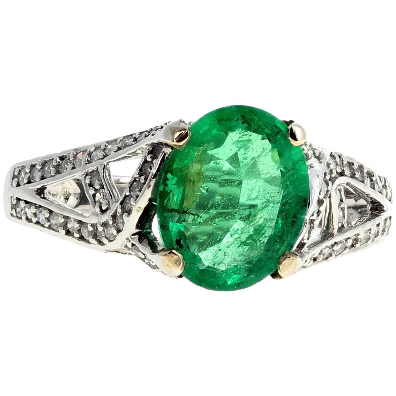 AJD Glittering Brilliant REAL 3 Ct Colombian Emerald & Diamonds White Gold Ring