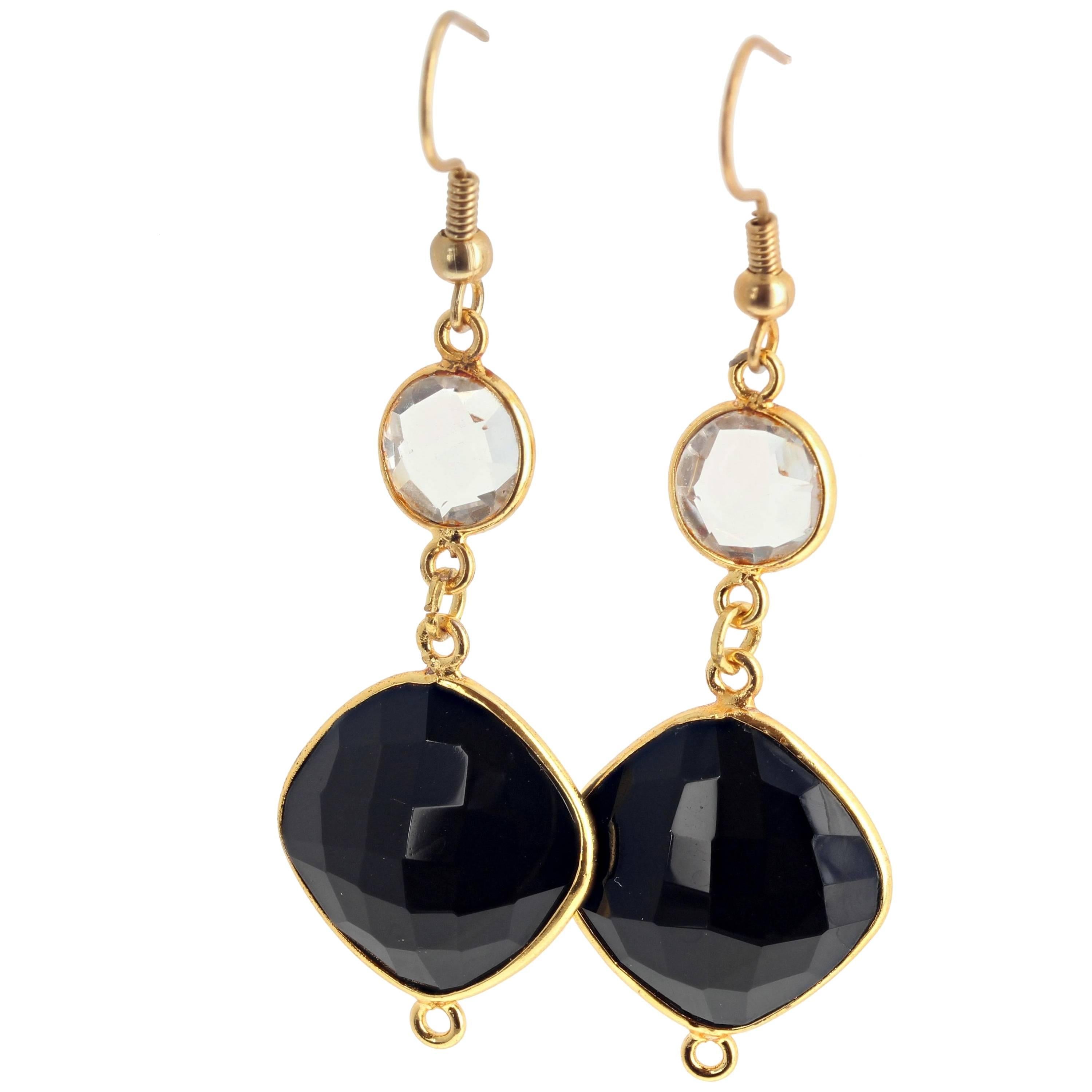 Unique Handmade Onyx and Quartz Gold Plated Hook Earrings